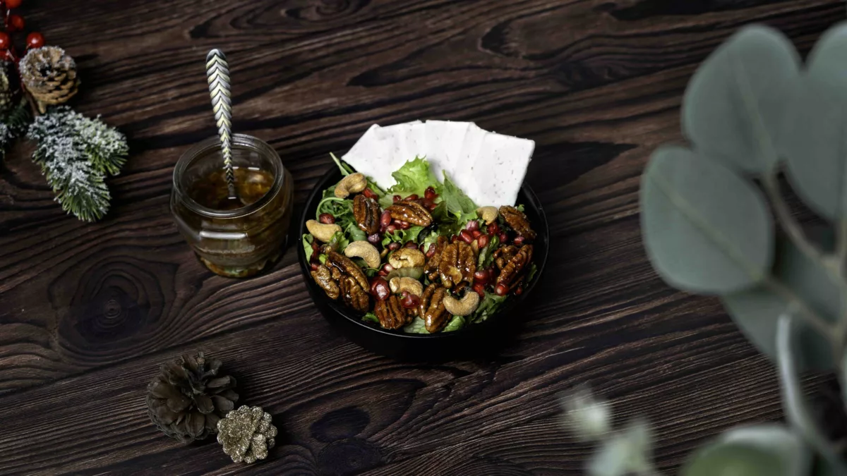 Pomegranate, walnut, and cheese salad