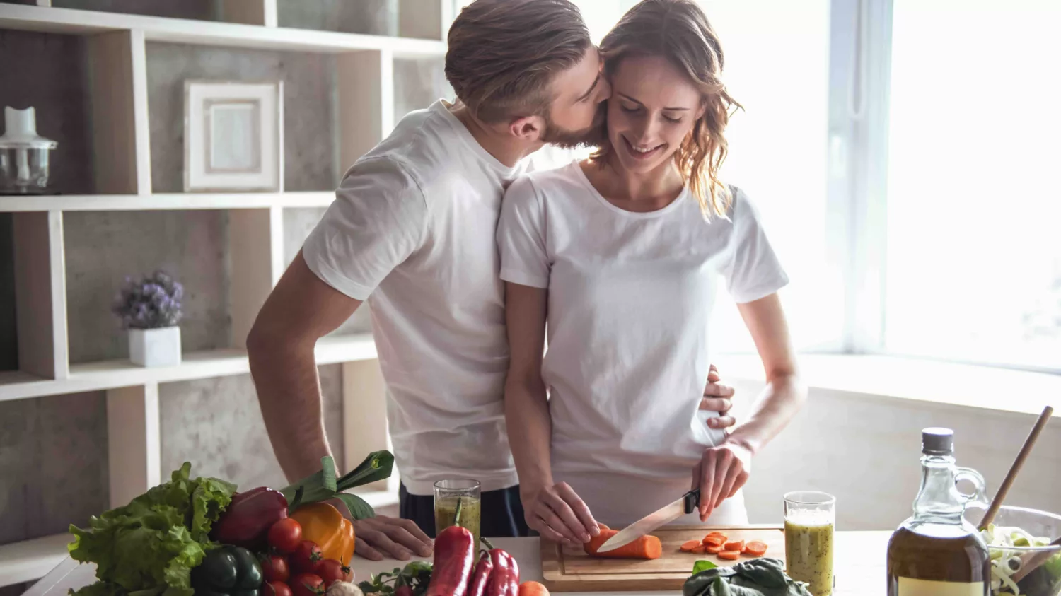 Couple cooking dinner together for valentines day